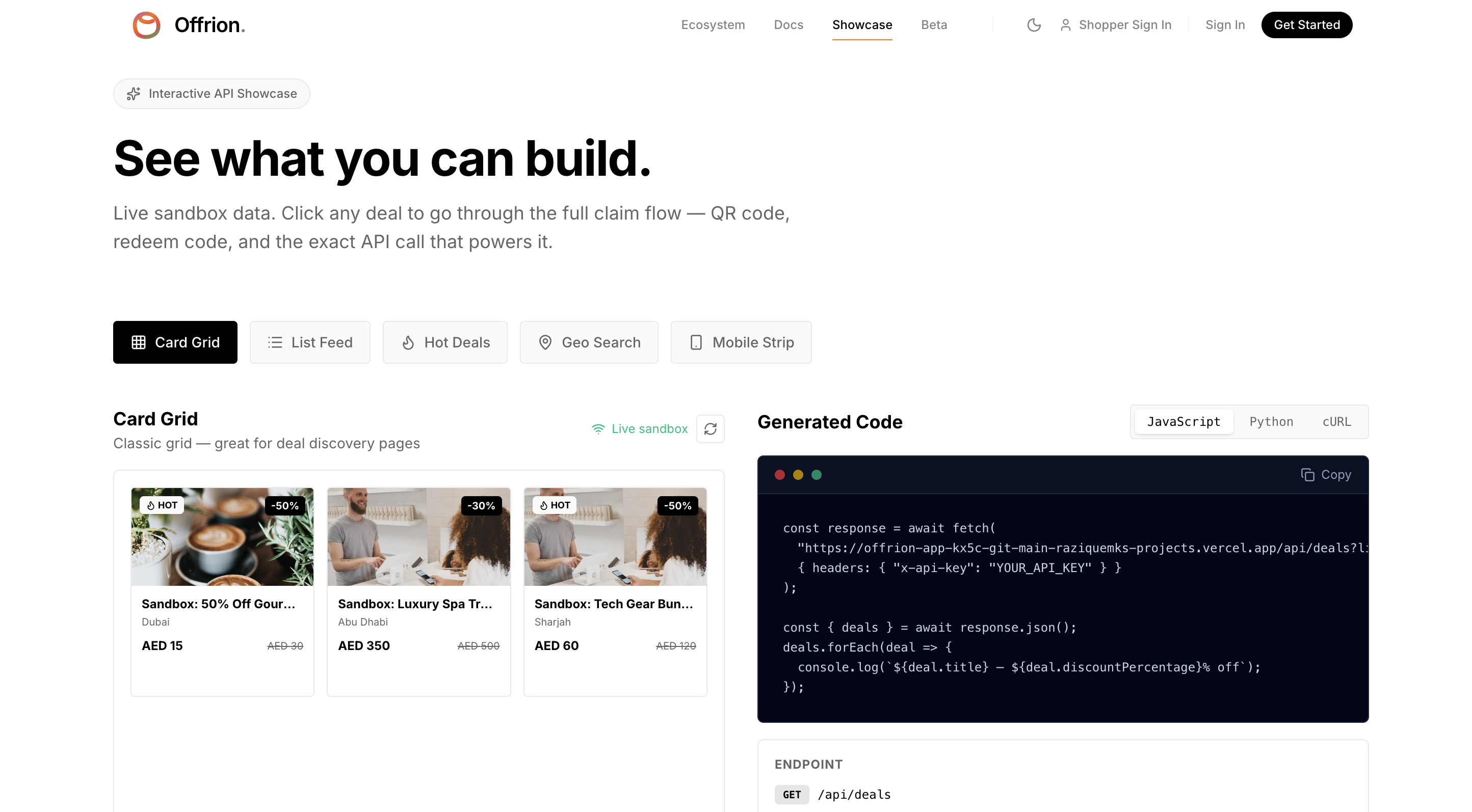 Offrion API Showcase - Interactive deal cards and generated code