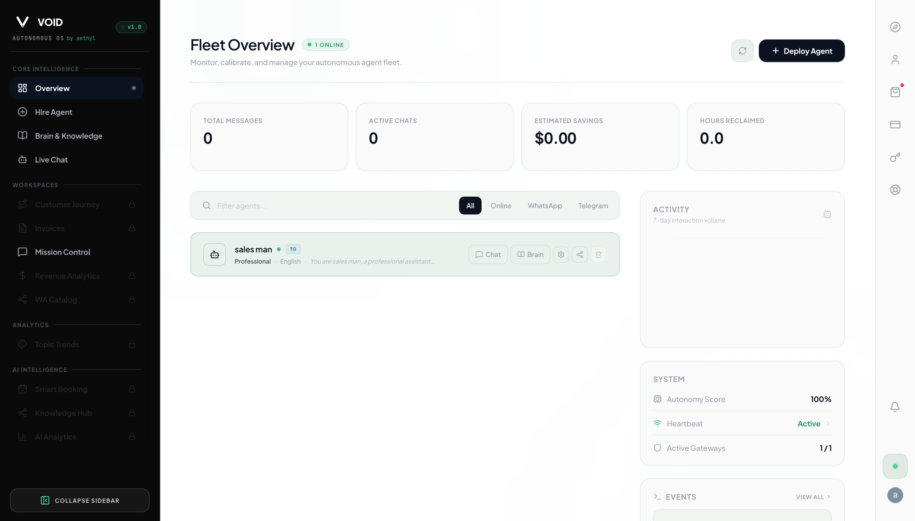 Void AI Fleet Overview - Autonomous agent management dashboard